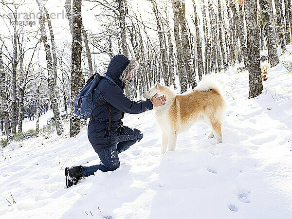 Mann kniend mit Blick auf Hund im Schnee im Wald