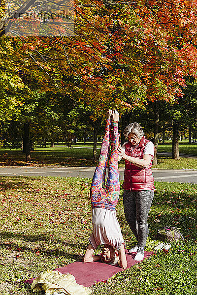 Reife Frau hilft ihrer Freundin beim Kopfstand im Herbstpark