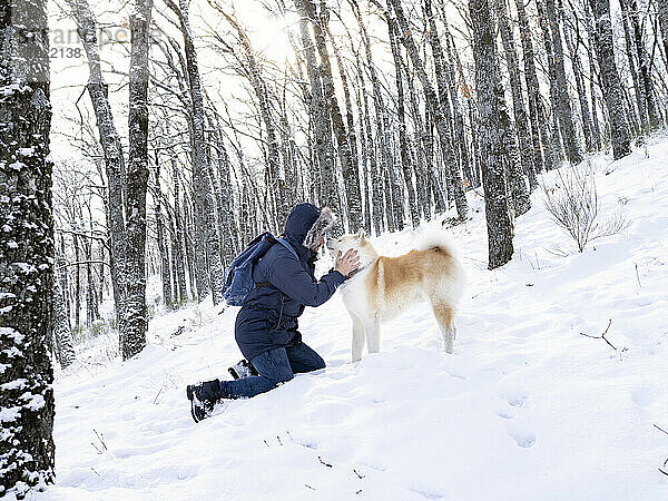 Mittlerer erwachsener Mann  der einen Hund streichelt  während er auf einer Schneedecke im Wald kniet