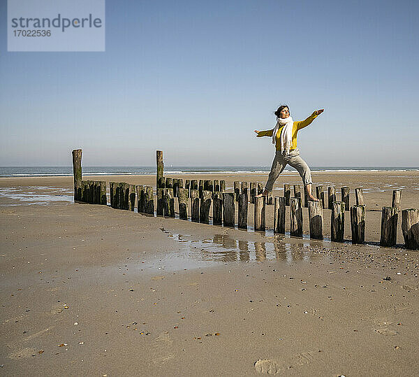 Frau mit ausgestreckten Armen steht auf Holzpfosten am Strand gegen den klaren Himmel im Urlaub