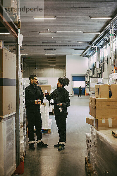 Männliche und weibliche Kollegen diskutieren im Stehen im Logistiklager