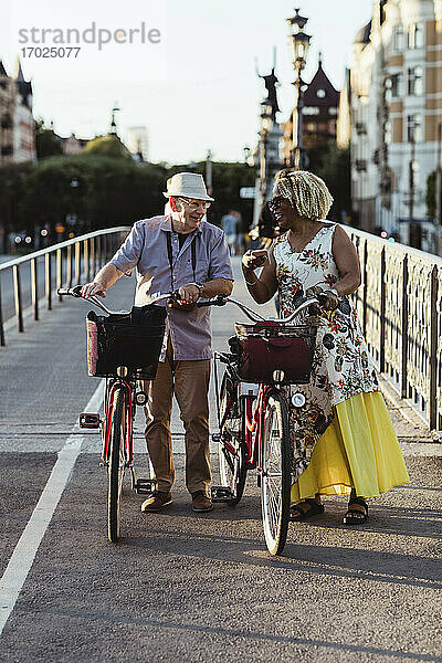 Älteres Paar mit Fahrrad auf Brücke am Wochenende