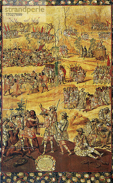 Die Eroberung Méxicos (1519-1521). Dargestellte Szenen: Hernan Cortes zerstört die Flotte; Krieg in Cholula; Cholultecas-Indianer knien vor dem König von Spanien (Gehorsam gegenüber dem König); Auf dem Weg nach Cholula tauft der Mönch Bartolome de Olmedo sieben Indianer; Bestrafung der Indianer  die Spione von Xicotencatl sind: Sie schneiden sich die Hände ab; Sie essen Hundefleisch  weil sie Hunger haben. Der Tisch gehört zu einem 6-teiligen Set  das in der enconchado -Technik hergestellt wurde (Perlmuttfragmente sind in die Holzoberfläche eingelassen  und die glänzende Oberfläche ist mit weichen Farbschichten versehen. Anonymer Autor. Öl und Perlmutt. 1676-1700. Mexikanische Schule. Vizekönigreich Neuspanien. Mexiko. Amerikanisches Museum. Madrid  Spanien.