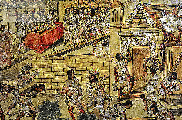 Die Eroberung von Mexiko (1519-1521). D- Hernan Cortes ernennt einfache Bürgermeister der Stadt  F- Bau der Villa Rica  bei dem Totonac-Indianer helfen. Detail. Tisch  der zu einem 6er-Set gehört  das mit der enconchado -Technik hergestellt wurde. Anonymer Autor. Öl und Perlmutt. 1676-1700. Mexikanische Schule. Vizekönigreich Neuspanien. Mexiko. Amerikanisches Museum. Madrid  Spanien.