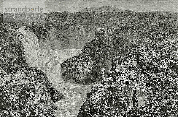 Brasilianisches Kaiserreich (1822-1889). Brasilien. Paulo Afonso Wasserfall. Blick auf die Einmündung des Flusses Sao Francisco. Kupferstich. La Ilustracion Española y Americana  1881.