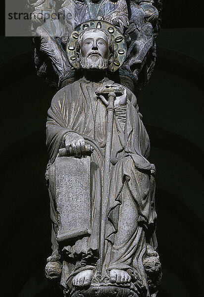 Spanien  Galicien  Provinz La Coruña. Santiago de Compostela. Die Kathedrale. Das Portal der Herrlichkeit  von Meister Mateo  1168-1188. Romanischer Stil. Skulptur des Heiligen Jakobus in der zentralen Säule.