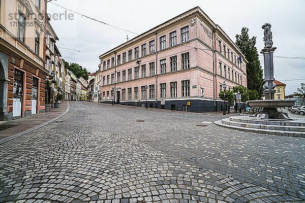 Ljubljana. Brunnen und Stari Trg-Platz  ein gepflasterter Platz in der Altstadt von Ljubljana  Slowenien  Europa