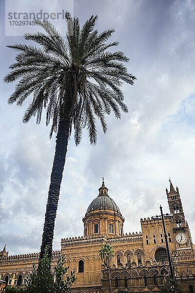 Palme als Silhouette am Dom von Palermo (Duomo di Palermo)  Sizilien  Italien  Europa. Dies ist ein Foto von einer Palme in der Silhouette der Kathedrale von Palermo (Duomo di Palermo)  Sizilien  Italien  Europa