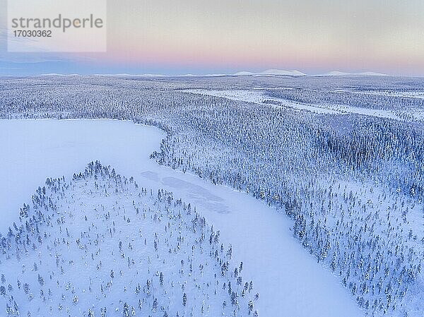Schnee bedeckten See und Wald Winterlandschaft zeigt erstaunliche Lappland Landschaft in Skandinavien in Finnland Drohne