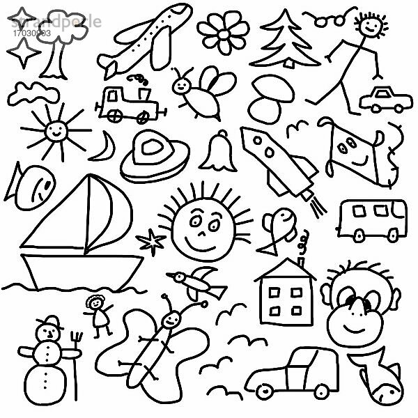 Naive Illustration  Kinderzeichnung von Sommersymbolen Reisesymbolen und Tieren