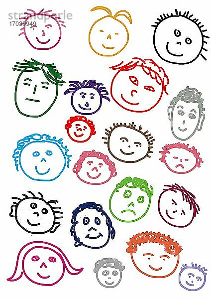 Naive Illustration  Kinderzeichnung  Bunte lächelde Gesichter