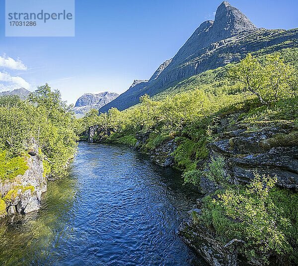 Fluss im Hochtal Innerdalen  Berg Innerdalstårnet  Trollheimen Mountain Area  Sunndal  Møre og Romsdal  Vestlandet  Norwegen  Europa