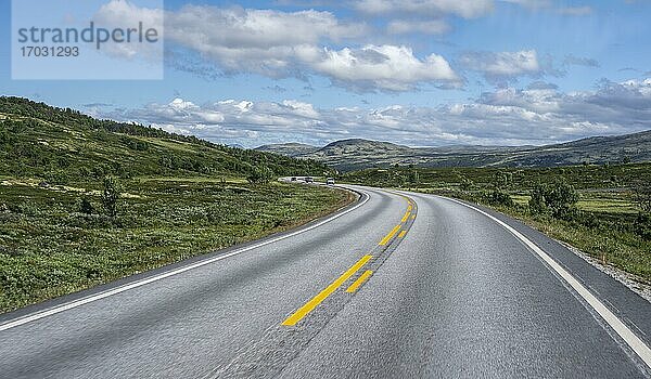 Straße durch Tundra  Landstraße  Dovrefjell Nationalpark  Oppdal  Norwegen  Europa