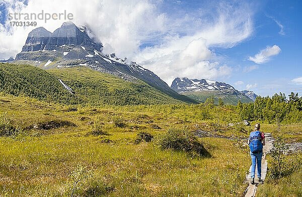 Wanderin auf Wanderweg zum Innerdalstårnet  Hochtal Innerdalen  Berge  Trollheimen Mountain Area  Sunndal  Møre og Romsda  Vestlandet  Norwegen  Europa