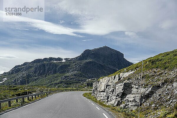 Straße durch Tundra  Hinten Berg Bitihorn  Jotunheimen Nationalpark  Norwegen  Europa