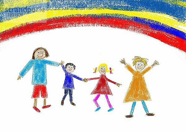 Naive Illustration  KinderzeichnungK  glückliche Familie Steht unterm Regenbogen