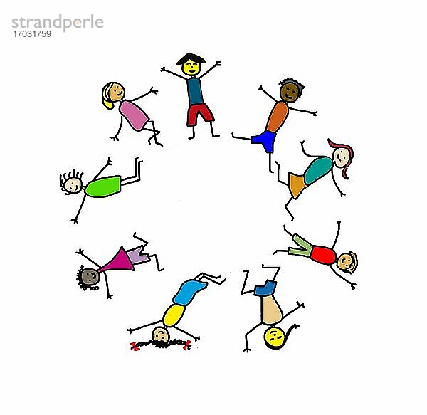 Naive Illustration  Kinderzeichnung  Kinder verschiedener Nationalitäten stehen glücklich im Kreis