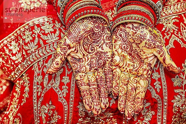 Mit Mehendi dekorativ bemalte Hand einer Braut  Mauritius  Afrika