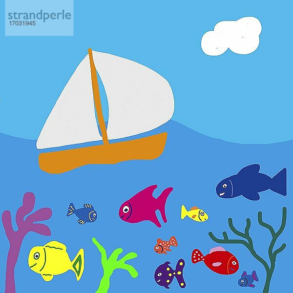Naive Illustration  Kinderzeichnung  Segelboot und Fische im Meer