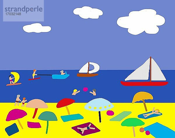 Naive Illustration  Kinderzeichnungut  Urlaub am Sandstrand am Meer mit Segelboot und Strandliegen