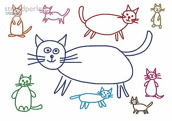 Naive Illustration  Kinderzeichnung von verschiedenen Katzen  Österreich  Europa
