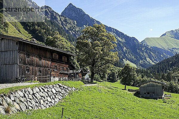 Historisches Bergbauerndorf Gerstruben  hinten Höfats  Dietersbachtal  bei Oberstdorf  Allgäuer Alpen  Oberallgäu  Allgäu  Bayern  Deutschland  Europa