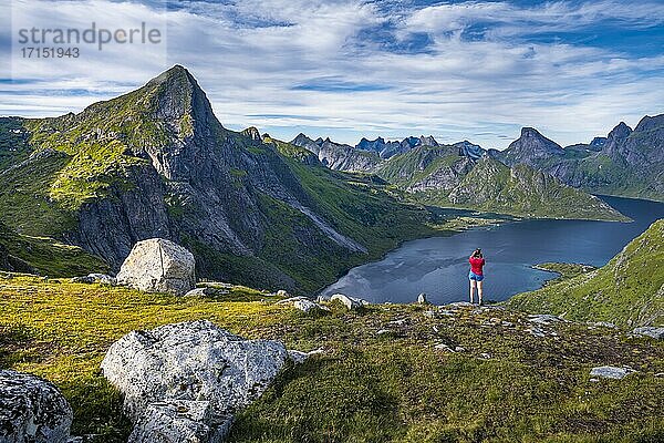 Wanderin blickt auf Fjord Forsfjorden  fotografiert  Berge  bei Sørvågen  Moskenesøya  Lofoten  Nordland  Norwegen  Europa