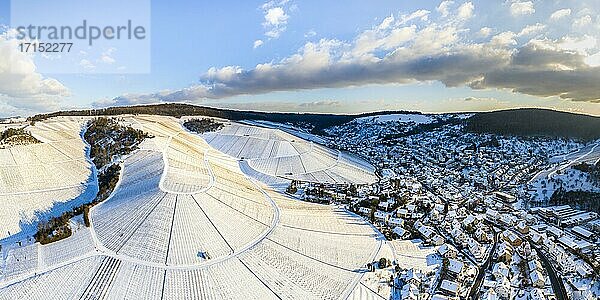 Drohnenaufnahme  im Winter bei Schnee im Remstal  verschneite Weinberge bei Strümpfelbach  Baden-Württemberg  Deutschland  Europa