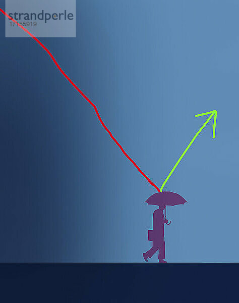 Fallendes Liniendiagramm  das vom Regenschirm eines Geschäftsmannes nach oben springt