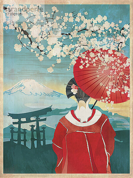 Traditionelle japanische Frau in Frühlingsblütenszene