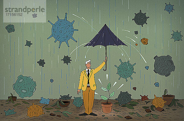 Geschäftsmann versucht  den letzten Setzling vor dem Coronavirus-Regensturm zu schützen
