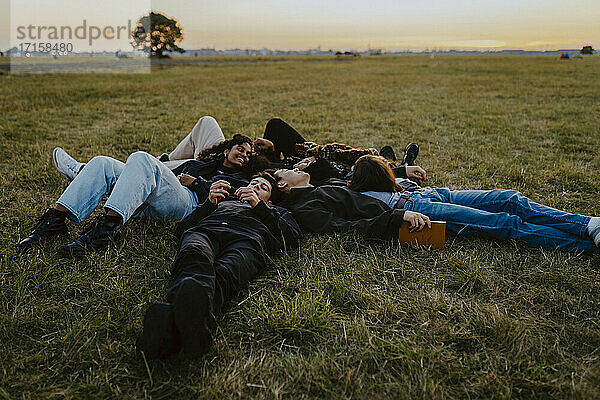 Junge männliche und weibliche Freunde liegen auf Gras im Park