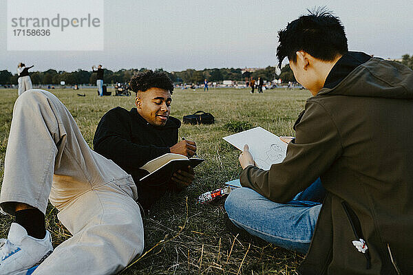 Männliche Freunde zeichnen in Buch im Park bei Sonnenuntergang