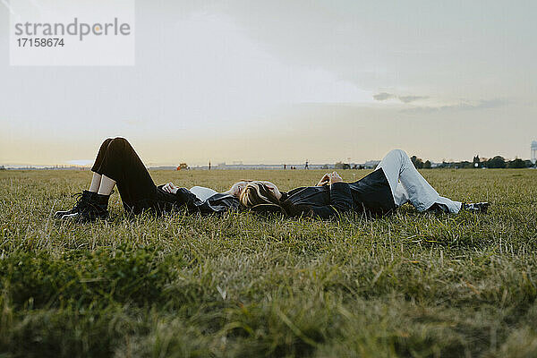 Weibliche Freunde liegen auf Gras im Park