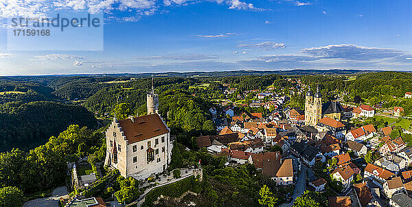Germany  Bavaria  Gossweinstein  Aerial view of urban landscape with castle and church
