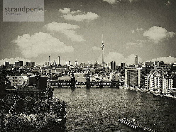 Germany  Berlin cityscape with Oberbaum bridge over Spree river in black and white