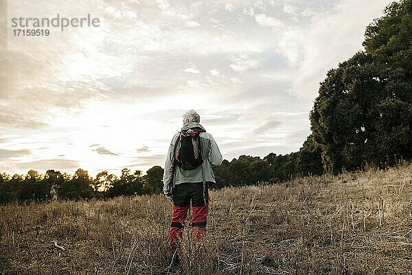 Älterer männlicher Wanderer in warmer Kleidung auf einem landwirtschaftlichen Feld bei Sonnenuntergang