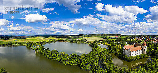 Germany  Bavaria  Adelsdorf  Aerial view of Nauhaus castle on river