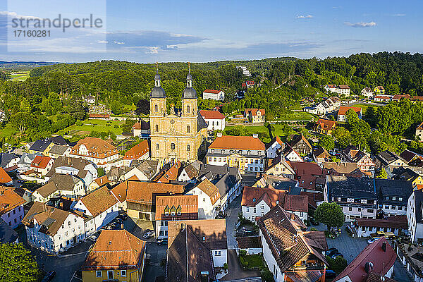 Germany  Bavaria  Gossweinstein  Aerial view of urban landscape with castle and church
