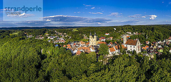 Germany  Bavaria  Gossweinstein  Aerial view of urban landscape with castle and church