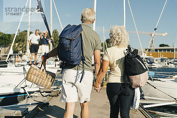 Rückansicht eines älteren Paares  das sich an den Händen hält und auf dem Pier am Hafen spazieren geht
