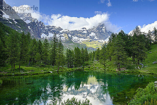 Scenic view of Lago Blu in spring with Matterhorn in background