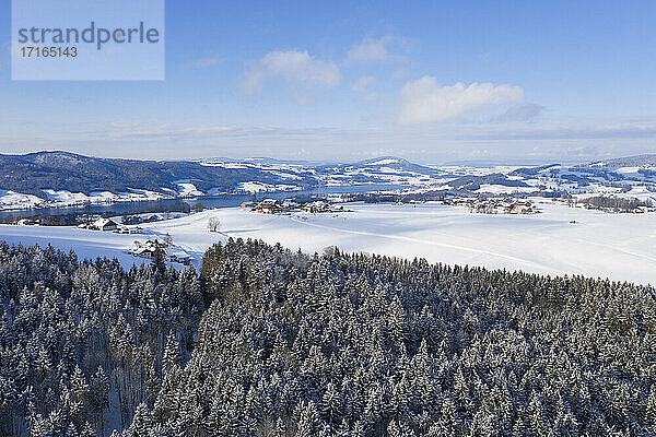 Drone view of spruce forest in winter with Irrsee lake and farms in background
