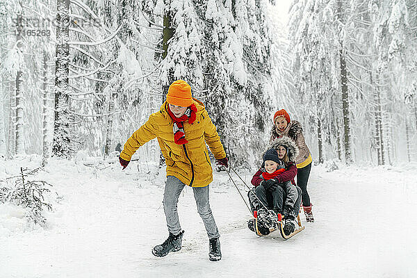 Familie spielt beim Schlittenfahren auf Schnee im Wald
