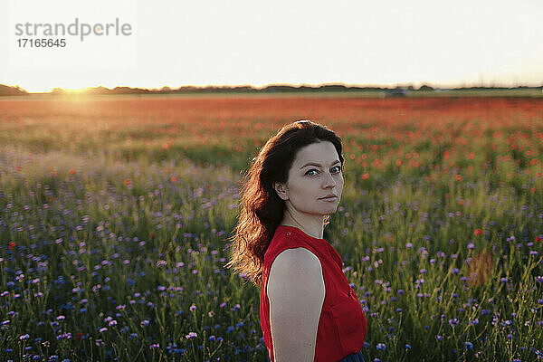 Beautiful woman standing in poppy field during sunset