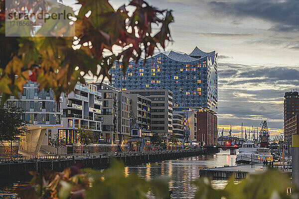 Deutschland  Hamburg  HafenCity mit Sandtorhafen und Elbphilharmonie im Herbst