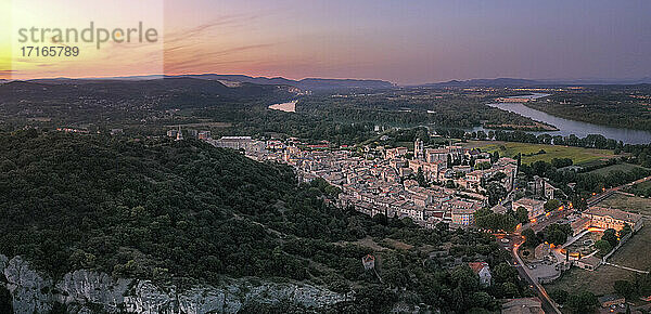 France  Ardeche  Aerial view of medieval town at dusk
