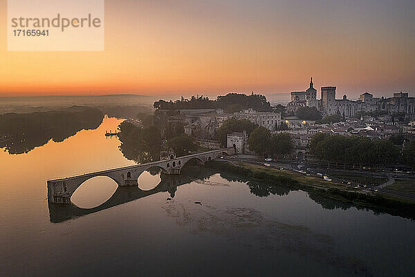 France  Provence-Alpes-Cote dAzur  Aerial view or river Rhone and Pont Saint-Benezet bridge at dawn