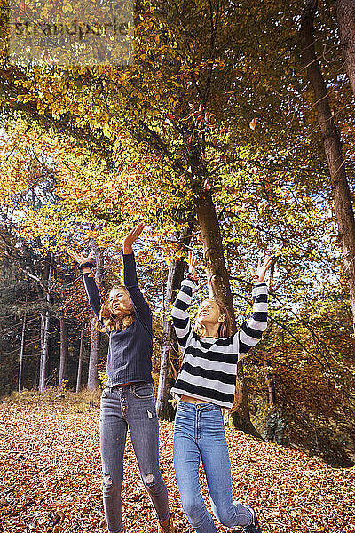 Girls throwing dry leaf while playing in forest