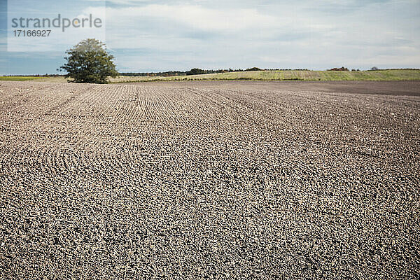 Freshly plowed field against sky